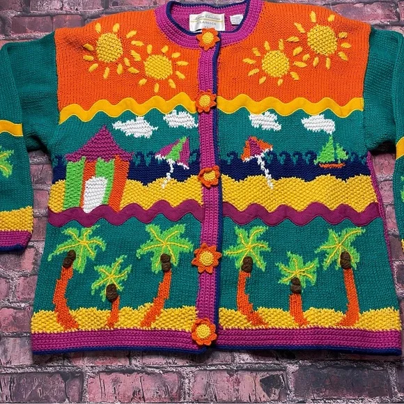 Vintage Marisa Christina XL 90s Hand Knit Beach Theme Pattern Cardigan Sweater - Picture 2 of 9